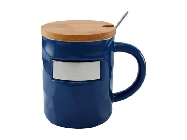 Taza Bambusa de cerámica glossy con tapa de bambú y cuchara, taza personalizada con placa metálica para empresas, regalo de reconocimiento corporativo 12 Oz.