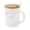 Taza Bambusa de cerámica glossy con tapa de bambú y cuchara, taza personalizada con placa metálica para empresas, regalo de reconocimiento corporativo 12 Oz.