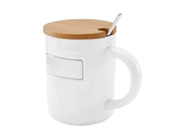 Taza Bambusa de cerámica glossy con tapa de bambú y cuchara, taza personalizada con placa metálica para empresas, regalo de reconocimiento corporativo 12 Oz.