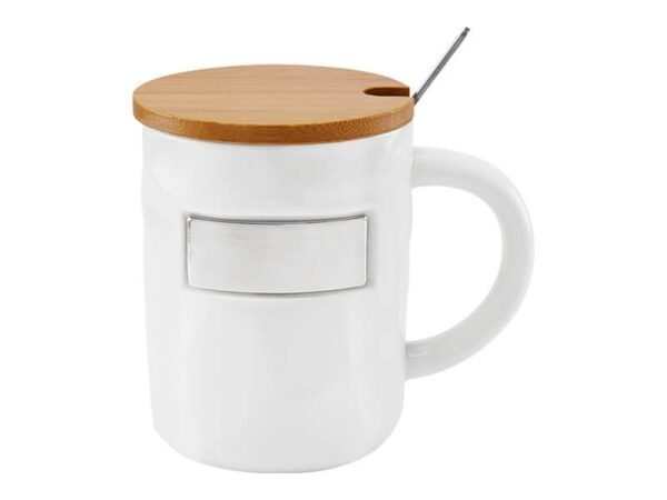 Taza Bambusa de cerámica glossy con tapa de bambú y cuchara, taza personalizada con placa metálica para empresas, regalo de reconocimiento corporativo 12 Oz.