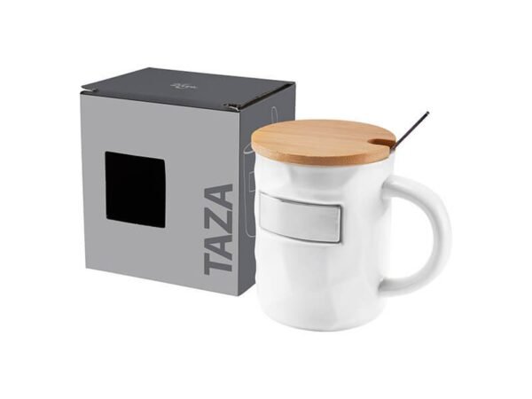 Taza Bambusa de cerámica glossy con tapa de bambú y cuchara, taza personalizada con placa metálica para empresas, regalo de reconocimiento corporativo 12 Oz.