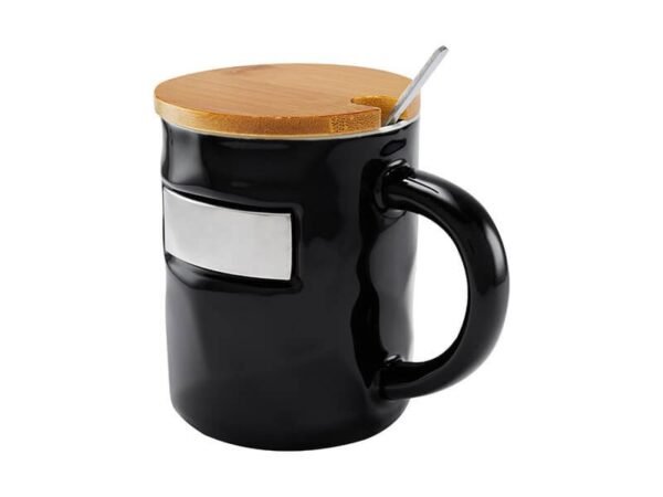 Taza Bambusa de cerámica glossy con tapa de bambú y cuchara, taza personalizada con placa metálica para empresas, regalo de reconocimiento corporativo 12 Oz.
