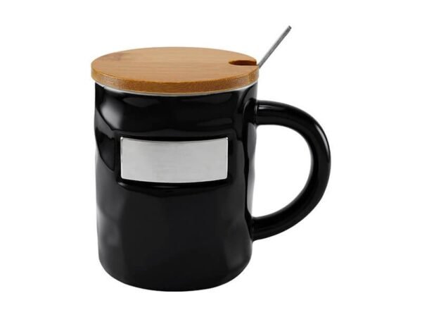Taza Bambusa de cerámica glossy con tapa de bambú y cuchara, taza personalizada con placa metálica para empresas, regalo de reconocimiento corporativo 12 Oz.