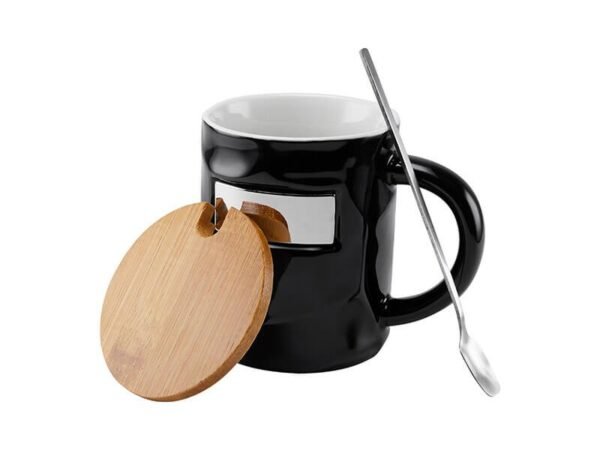 Taza Bambusa de cerámica glossy con tapa de bambú y cuchara, taza personalizada con placa metálica para empresas, regalo de reconocimiento corporativo 12 Oz.