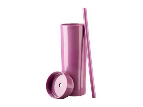 Termo Meredi de plástico doble pared 450ml con popote, cilindro promocional para kits de bienvenida empresas, vaso térmico ligero personalizado con tapa a presión.