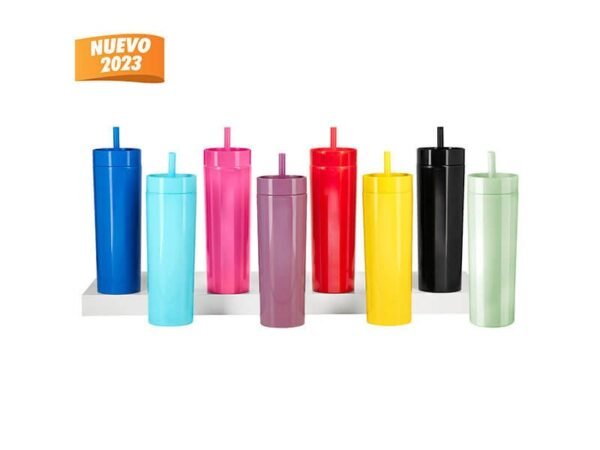 Termo Meredi de plástico doble pared 450ml con popote, cilindro promocional para kits de bienvenida empresas, vaso térmico ligero personalizado con tapa a presión.