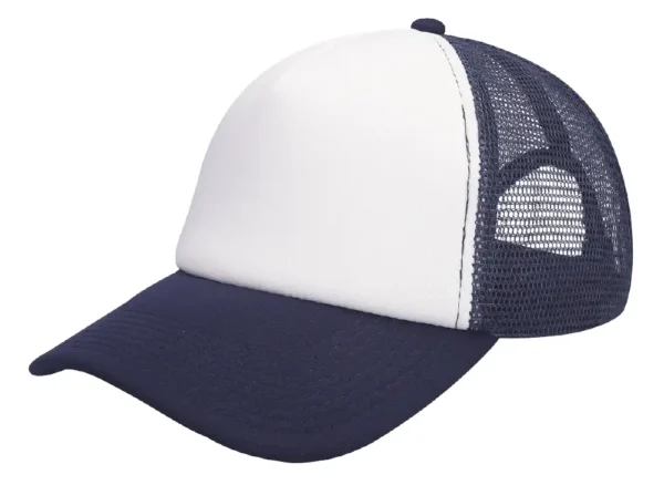 Gorra tipo trucker con frente de poliéster acolchado, malla de nylon transpirable y ajuste de plástico para personalización.