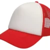 Gorra tipo trucker con frente de poliéster acolchado, malla de nylon transpirable y ajuste de plástico para personalización.
