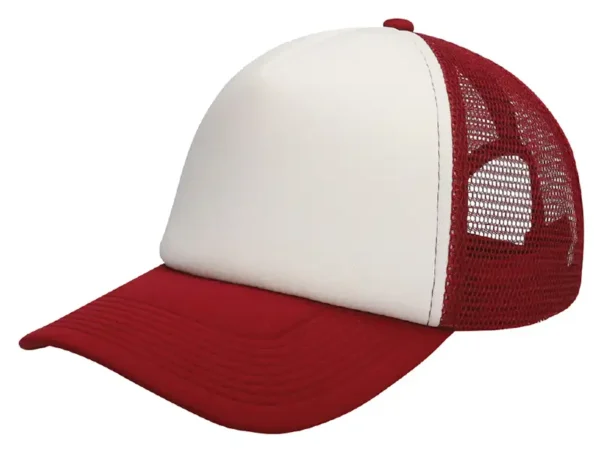 Gorra tipo trucker con frente de poliéster acolchado, malla de nylon transpirable y ajuste de plástico para personalización.