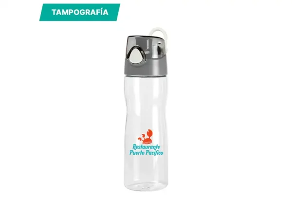 CILINDRO TRANSPARENTE de Tritan de 650 ml con tapa de botón de seguridad, arnés de transporte y detalles en silicón.