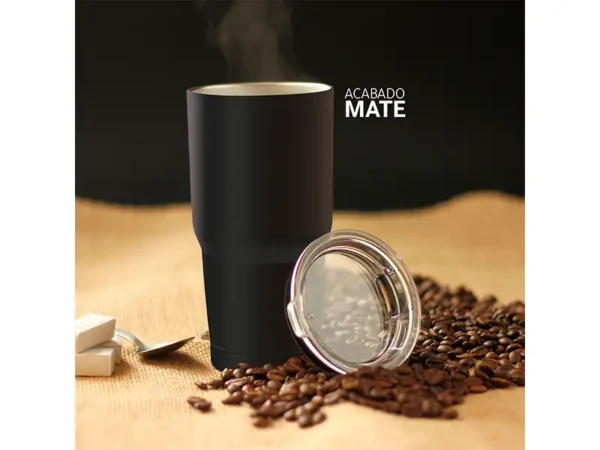 Termo De Acero V de doble pared en acero inoxidable con capacidad de 20 oz y tapa transparente.