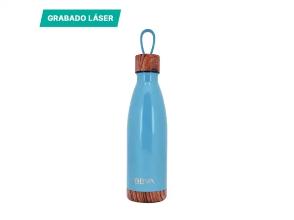 Termo Coruna de acero inoxidable doble pared con detalles tipo madera y correa de TPR