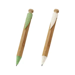 Bolígrafo de bambú Tudela con clip en forma de hoja y detalles en fibra de trigo para regalos empresariales en Querétaro.