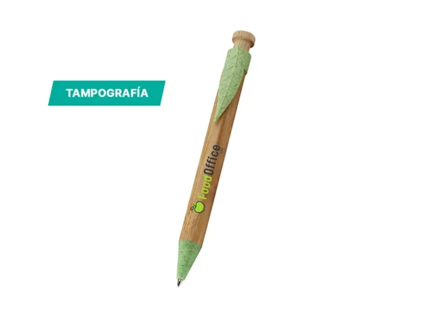 Bolígrafo de bambú Tudela con clip en forma de hoja y detalles en fibra de trigo para regalos empresariales en Querétaro.