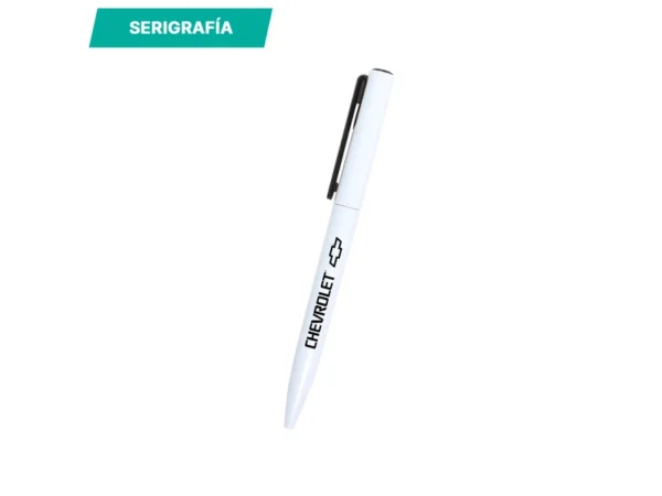 Bolígrafo Órebro con mecanismo giratorio, cuerpo blanco y clip de color para eventos masivos en Querétaro.