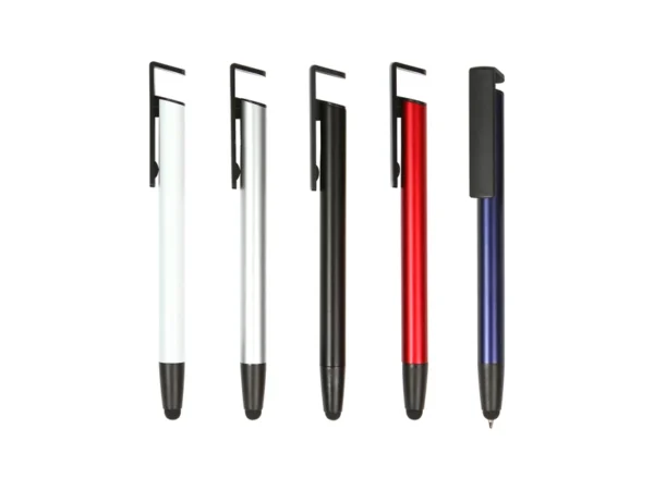 Bolígrafo Vansbro con puntero touch y soporte para celular integrado, ideal para kits de oficina en Querétaro.