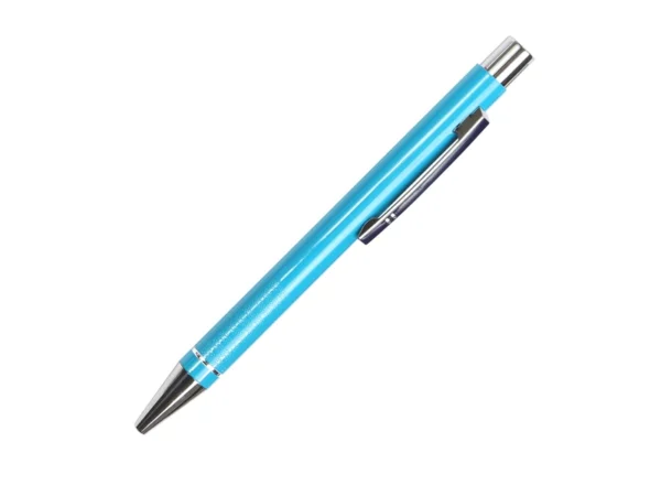 Bolígrafo Orsa de aluminio con tinta de gel azul y detalles cromados para ferias comerciales en Querétaro.