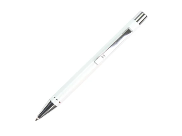 Bolígrafo Orsa de aluminio con tinta de gel azul y detalles cromados para ferias comerciales en Querétaro.