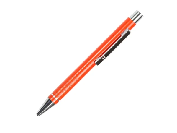 Bolígrafo Orsa de aluminio con tinta de gel azul y detalles cromados para ferias comerciales en Querétaro.