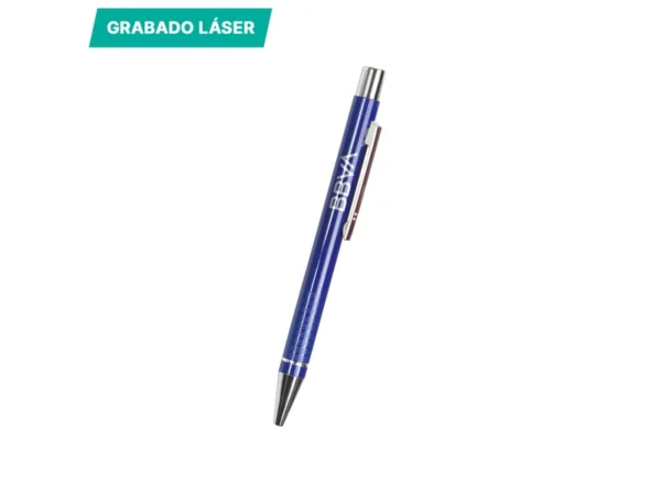 Bolígrafo Orsa de aluminio con tinta de gel azul y detalles cromados para ferias comerciales en Querétaro.