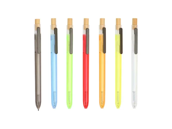 Bolígrafo Malung con barril translúcido, botón de bambú y tinta negra para campañas masivas en Querétaro.