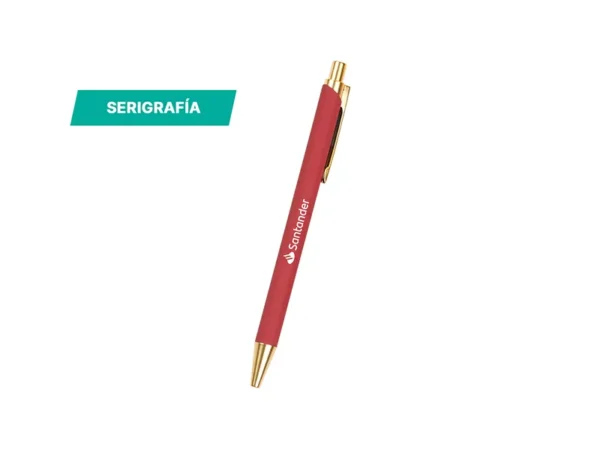 Bolígrafo Martella de aluminio rociado metálico con detalles dorados y tinta negra para campañas institucionales en Querétaro.