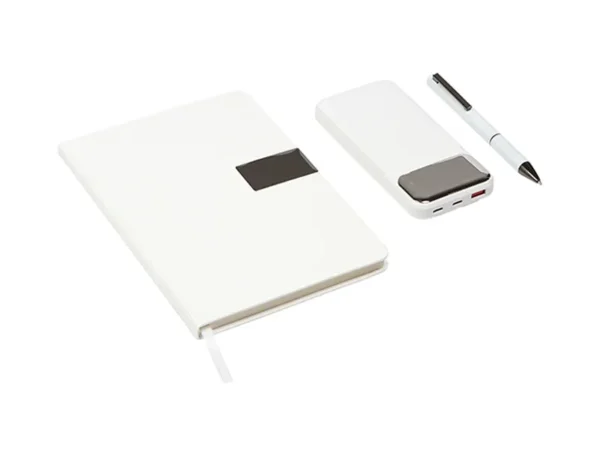 Set ejecutivo Danubio con libreta de 100 hojas, bolígrafo de acero inoxidable y power bank de 10,000 mAh para regalos corporativos de alta gama.