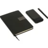Set ejecutivo Danubio con libreta de 100 hojas, bolígrafo de acero inoxidable y power bank de 10,000 mAh para regalos corporativos de alta gama.
