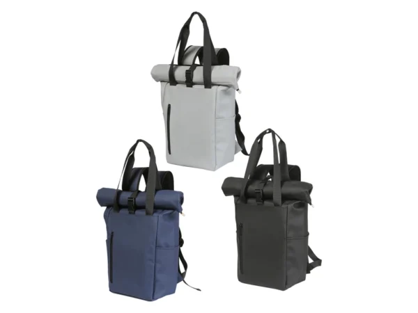 Bagpack Legnica de cuero sintético con compartimento para laptop de 16 pulgadas y diseño roll-top para ejecutivos en Querétaro.