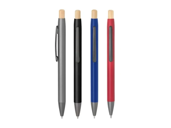 Bolígrafo KIM retráctil de aluminio mate con pulsador de bambú y tinta negra para regalos corporativos en Querétaro.