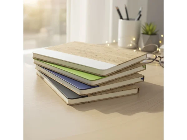 Libreta MARROQUÍ con tapa de corcho y poliuretano, 80 hojas rayadas y encuadernación cosida para empresas en Querétaro.