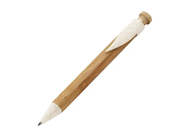 Bolígrafo de bambú Tudela con clip en forma de hoja y detalles en fibra de trigo para regalos empresariales en Querétaro.