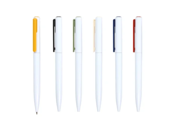 Bolígrafo Órebro con mecanismo giratorio, cuerpo blanco y clip de color para eventos masivos en Querétaro.