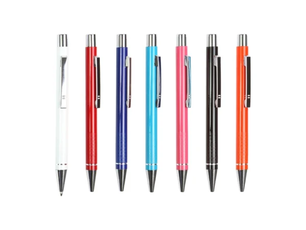 Bolígrafo Orsa de aluminio con tinta de gel azul y detalles cromados para ferias comerciales en Querétaro.