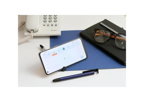 Bolígrafo Vansbro con puntero touch y soporte para celular integrado, ideal para kits de oficina en Querétaro.