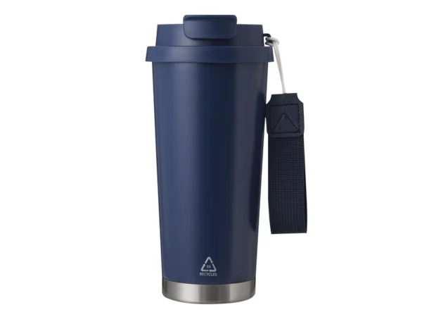 Mug térmico LUNGO de acero reciclado 500ml con tapa 2 en 1, popote, correa de poliéster y caja de regalo Kraft.