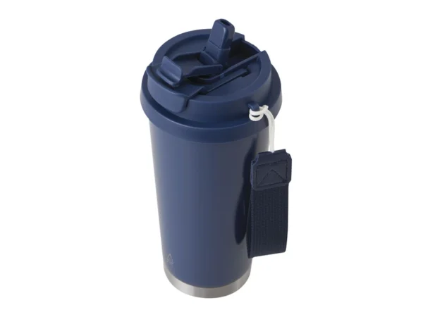 Mug térmico LUNGO de acero reciclado 500ml con tapa 2 en 1, popote, correa de poliéster y caja de regalo Kraft.
