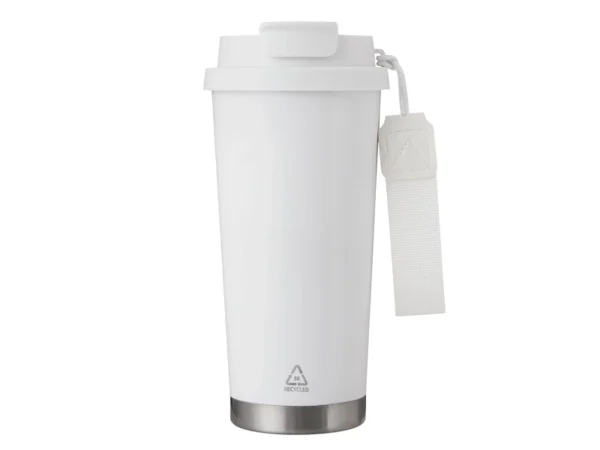 Mug térmico LUNGO de acero reciclado 500ml con tapa 2 en 1, popote, correa de poliéster y caja de regalo Kraft.