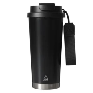 Mug térmico LUNGO de acero reciclado 500ml con tapa 2 en 1, popote, correa de poliéster y caja de regalo Kraft.