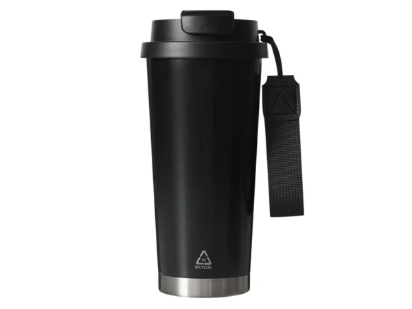 Mug térmico LUNGO de acero reciclado 500ml con tapa 2 en 1, popote, correa de poliéster y caja de regalo Kraft.