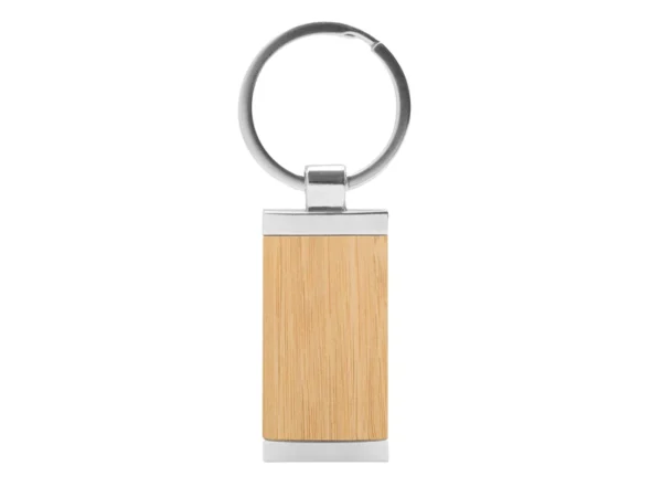 Llavero de bambú TAG rectangular con detalles metálicos y estuche de regalo individual para fidelización corporativa.