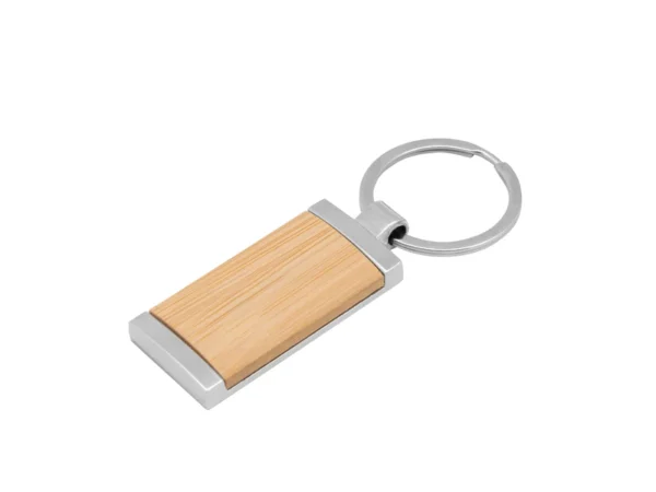 Llavero de bambú TAG rectangular con detalles metálicos y estuche de regalo individual para fidelización corporativa.