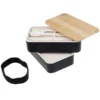 Doble Lunch Box Polaris con dos recipientes, tapa de bamboo, cubiertos integrados, cinta elástica y barra divisoria.
