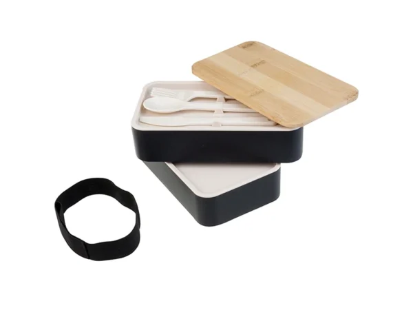 Doble Lunch Box Polaris con dos recipientes, tapa de bamboo, cubiertos integrados, cinta elástica y barra divisoria.