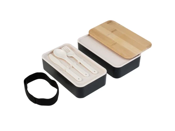 Doble Lunch Box Polaris con dos recipientes, tapa de bamboo, cubiertos integrados, cinta elástica y barra divisoria.