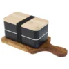 Doble Lunch Box Polaris con dos recipientes, tapa de bamboo, cubiertos integrados, cinta elástica y barra divisoria.