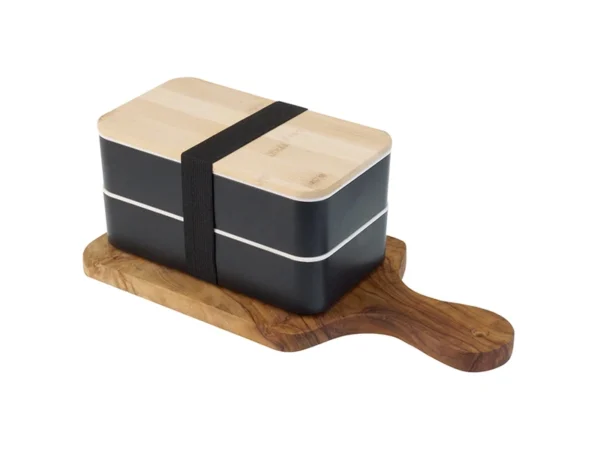 Doble Lunch Box Polaris con dos recipientes, tapa de bamboo, cubiertos integrados, cinta elástica y barra divisoria.