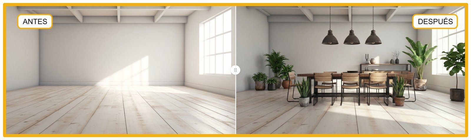 Antes y después: espacio vacío transformado con FlowRoom en comedor industrial amueblado