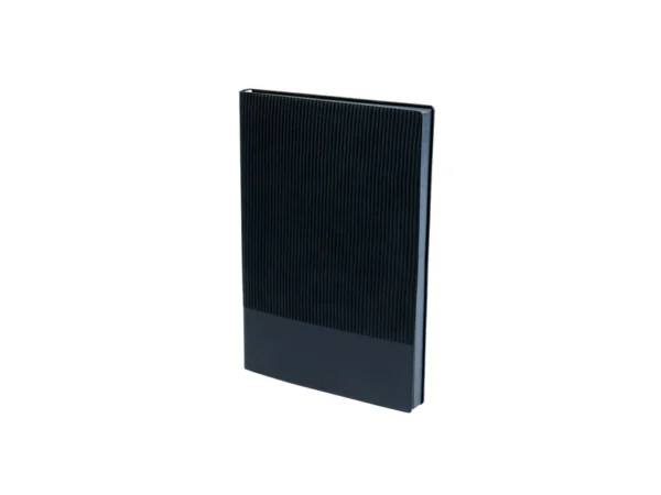 Libreta Doux de curpiel con doble textura líneas verticales y bordes de hojas a color para branding empresarial.