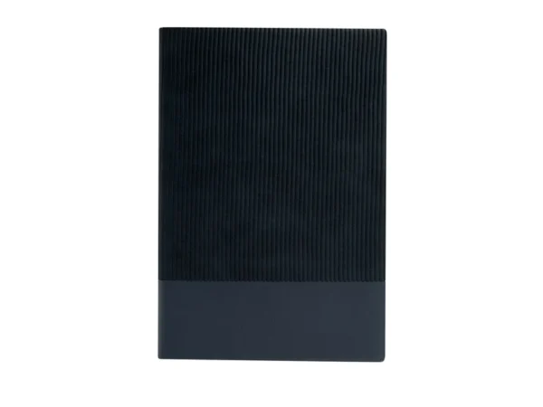 Libreta Doux de curpiel con doble textura líneas verticales y bordes de hojas a color para branding empresarial.